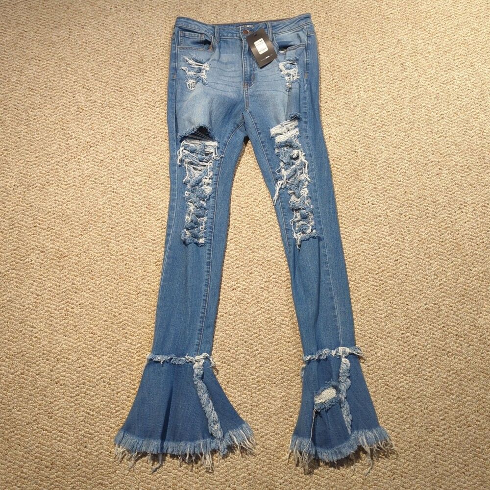 Fashion Nova Fray What You Mean Flare Leg Jeans 13 Distressed Blue